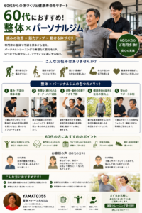 60代男性がパーソナルジムでトレーナーから運動指導を受けている様子
