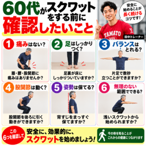 60代 スクワット 注意点を確認しながら運動する男性